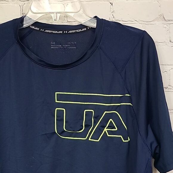 Under Armour T-Shirt MK1 Graphic HeatGear Fitted Navy Blue Green Athletic Jersey - Picture 2 of 8